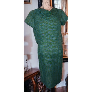 Vintage Johnathan Logan Cocoon Dress Size 11 Teal Blue & Green Sheath, Cowl Neck